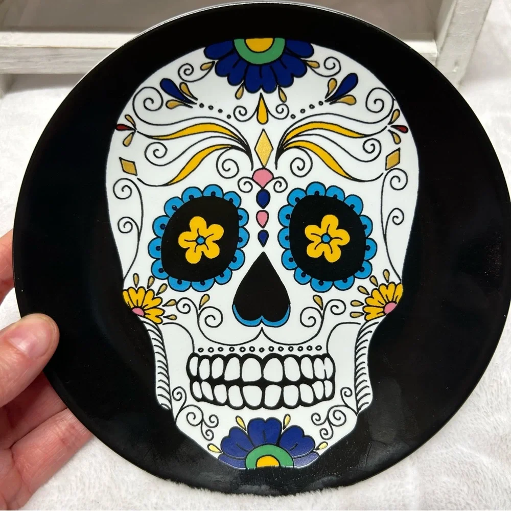 Williams Sonoma Halloween 3 Appetizer Plates Day of the Dead Skull Skeleton Head